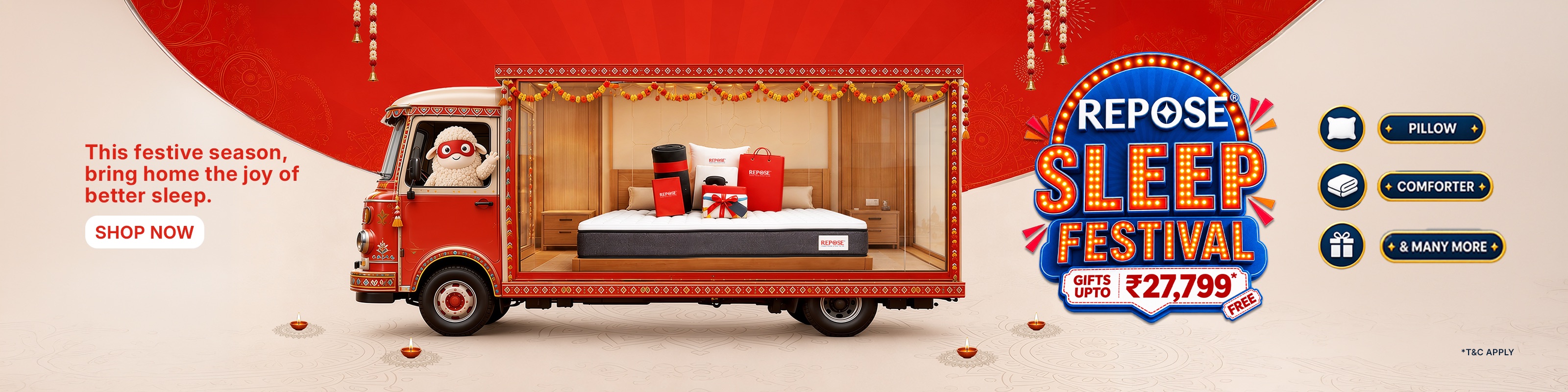 Repose Sleep Festival: free gifts worth up to ₹27,799, including a pillow, comforter and more. T&C apply.